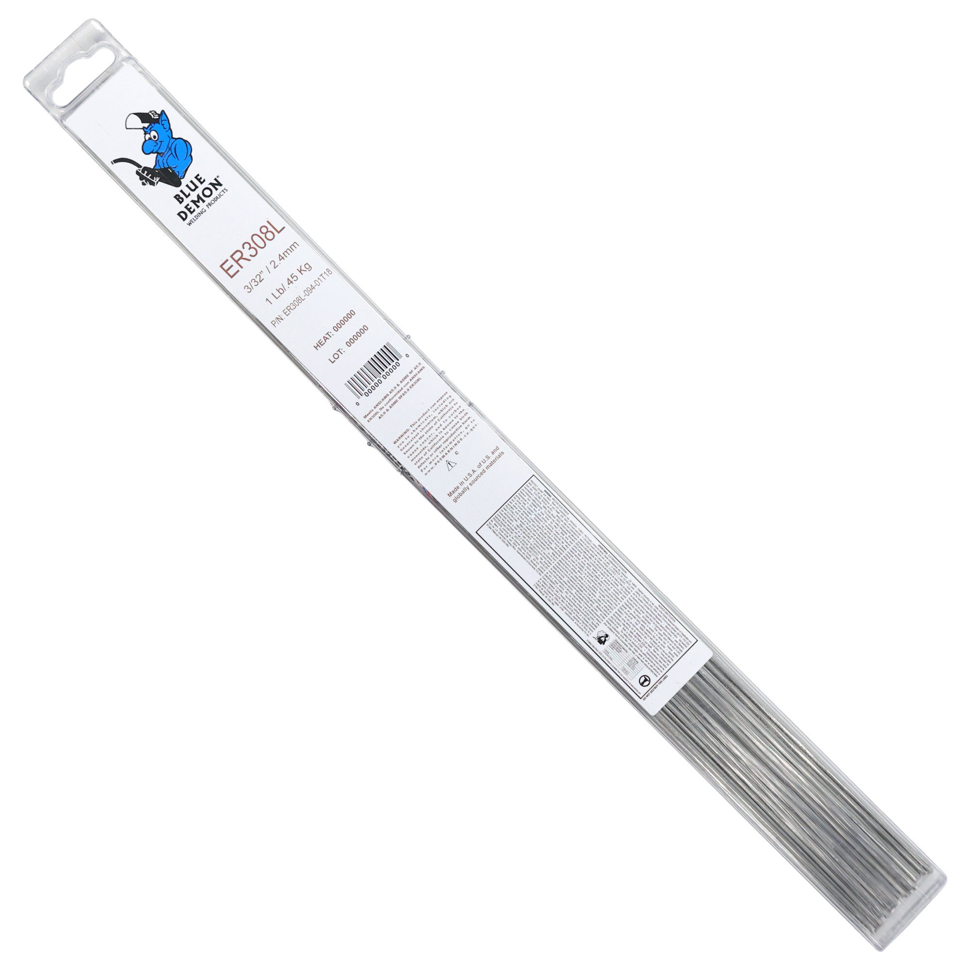 Blue Demon, 3/32in. X 18in. Stainless Steel Tig Rod, Diameter 3/32 in, Length 18 in, Model# ER308L-094-01T18